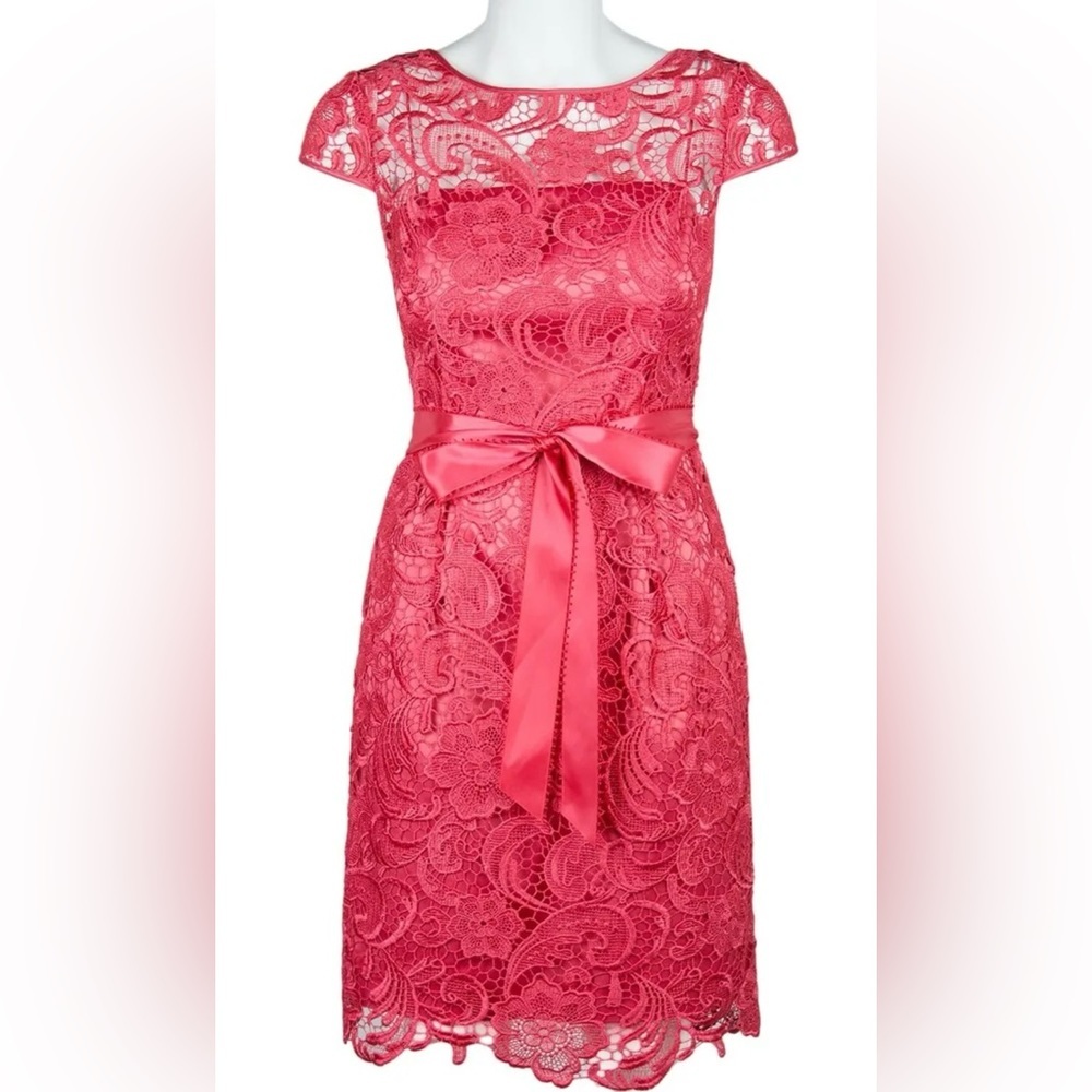 Adrianns Papell Women's Coral Lace Sheath Dress with Satin Bow